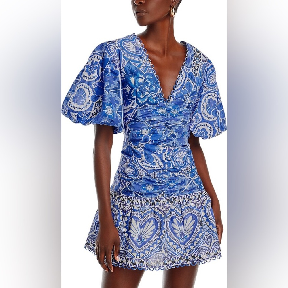Farm Rio L Blue Tile Dream Short Sleeve Mini Dress - Picture 2 of 12